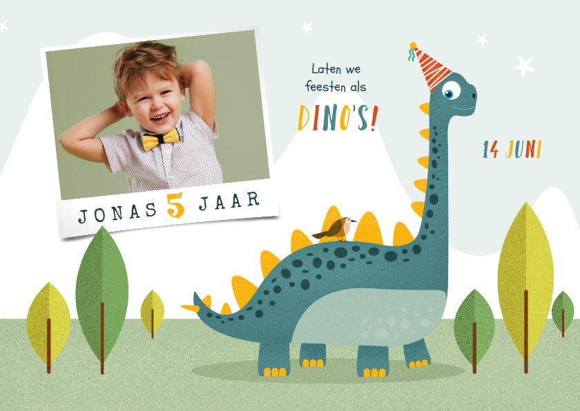Kinderfeestjes - Kindefeestje dino feest vrolijk fotokaart brachiosaurus