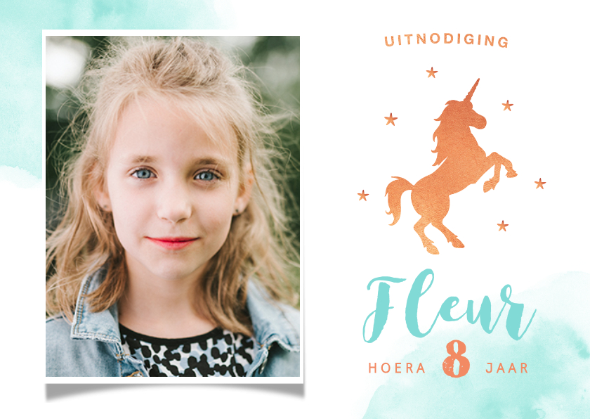 Kinderfeestjes - Kinderfeest uitnodiging stijlvol met eenhoorn en eigen foto