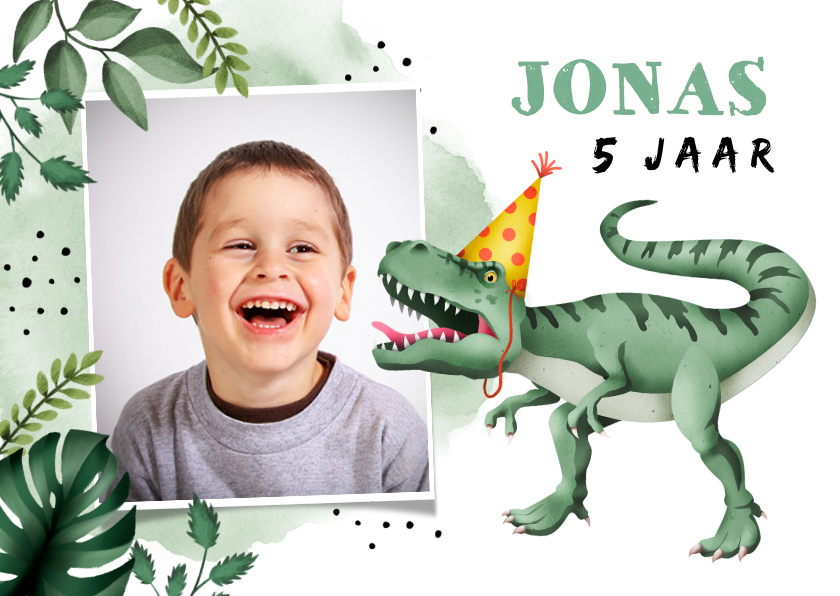 Kinderfeestjes - Kinderfeest uitnodiging stoer met t-rex en eigen foto