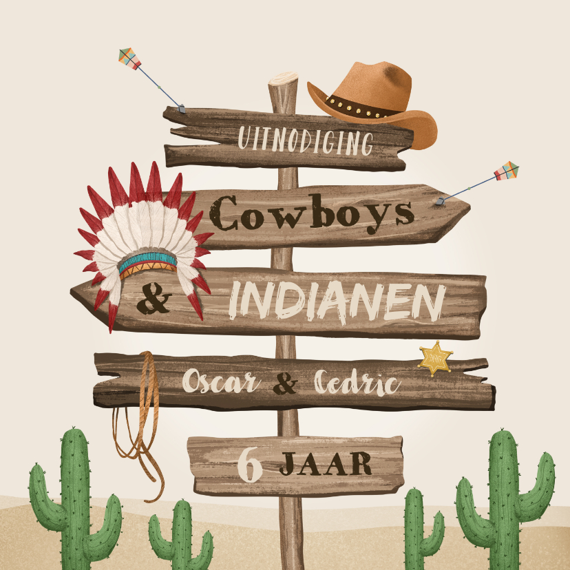 Kinderfeestjes - Kinderfeestje cowboys indianen wegwijzers western hout