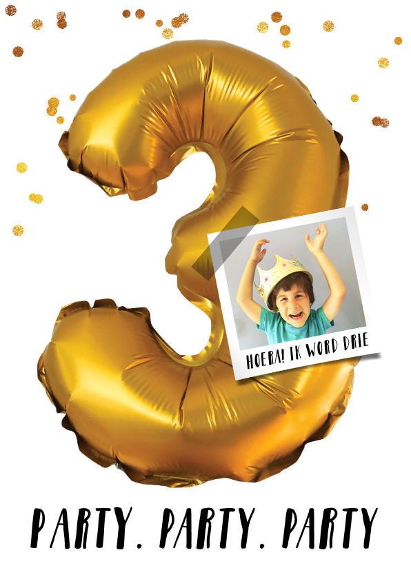 Kinderfeestjes - Kinderfeestje drie jaar goud confetti voor jongen  of meisje