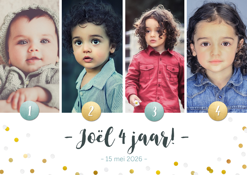 Kinderfeestje fotocollage uitnodiging 4 jaar met 4 foto's - Kinderfeestjes Kinderfeestjes - Kinderfeestje fotocollage uitnodiging 4 jaar met 4 foto's
