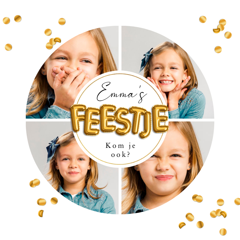 Kinderfeestjes - Kinderfeestje gouden confetti uitnodiging fotocollage feest