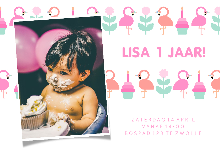 Kinderfeestje kaart met feestende flamingo's en foto - Kinderfeestjes Kinderfeestjes - Kinderfeestje kaart met feestende flamingo's en foto