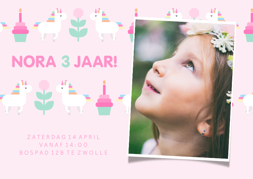 Kinderfeestjes - Kinderfeestje kaart met feestende unicorns en foto