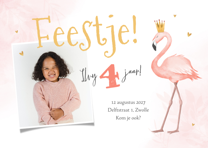 Kinderfeestjes - Kinderfeestje meisje flamingo foto hartjes goud kroontje