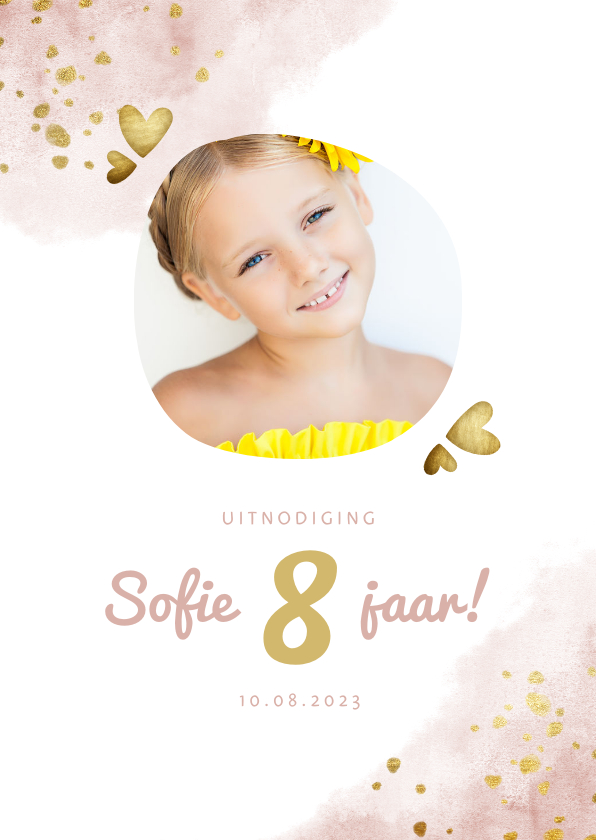 Kinderfeestje roze met foto, gouden hartjes en waterverf - Kinderfeestjes Kinderfeestjes - Kinderfeestje roze met foto, gouden hartjes en waterverf