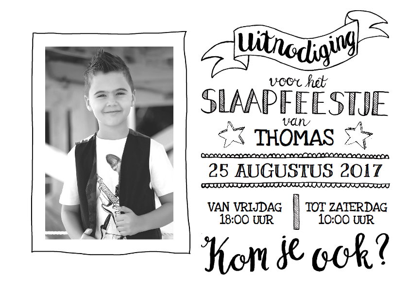 Kinderfeestje slaapfeestje handlettering zwart-wit - Kinderfeestjes Kinderfeestjes - Kinderfeestje slaapfeestje handlettering zwart-wit