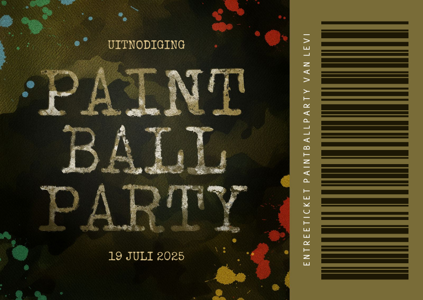 Kinderfeestje ticket paintballparty met verfspetters en camo - Kinderfeestjes Kinderfeestjes - Kinderfeestje ticket paintballparty met verfspetters en camo