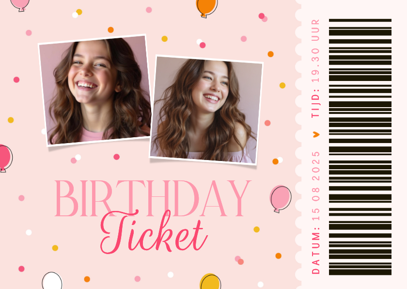Kinderfeestjes - Kinderfeestje ticket roze ballonnetjes en confetti trendy