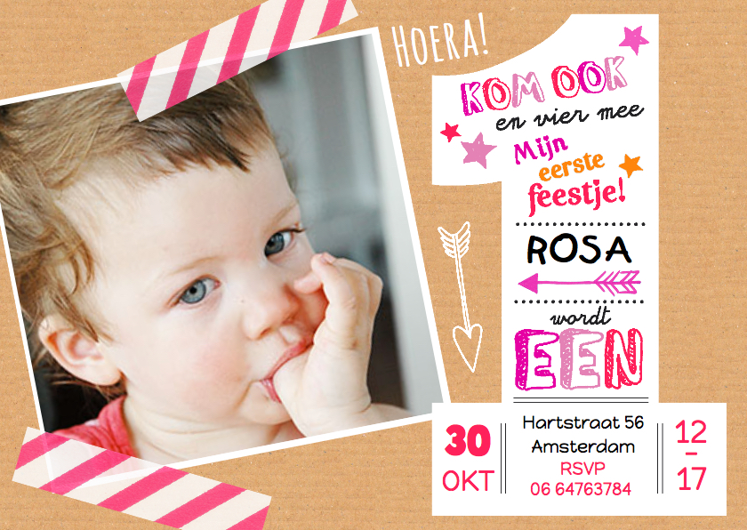Onwijs Kinderfeestje uitnodiging 1 jaar Rosa | Kaartje2go SC-14