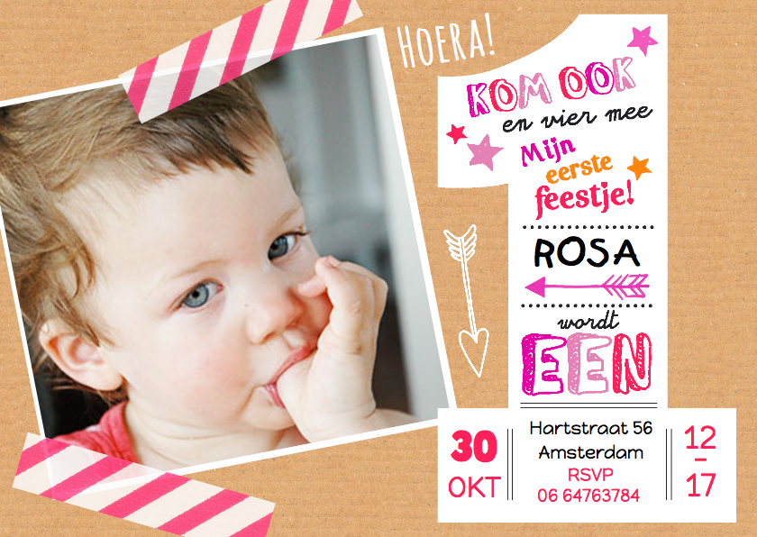 Verbazingwekkend Kinderfeestje uitnodiging 1 jaar Rosa | Kaartje2go RZ-37