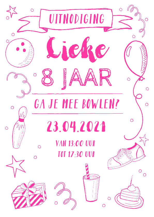 Kinderfeestjes - Kinderfeestje uitnodiging bowlen roze 