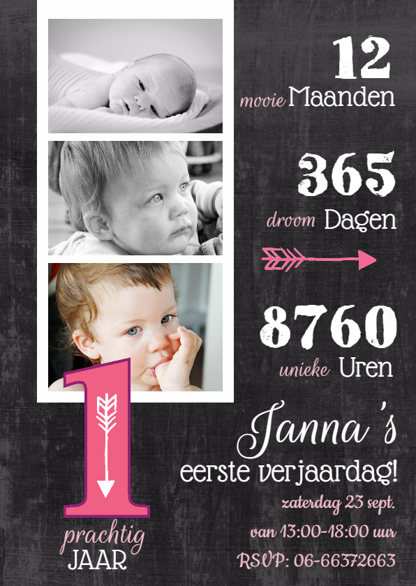 Goede Kinderfeestje uitnodiging Collage 1 jaar roze | Kaartje2go CW-01