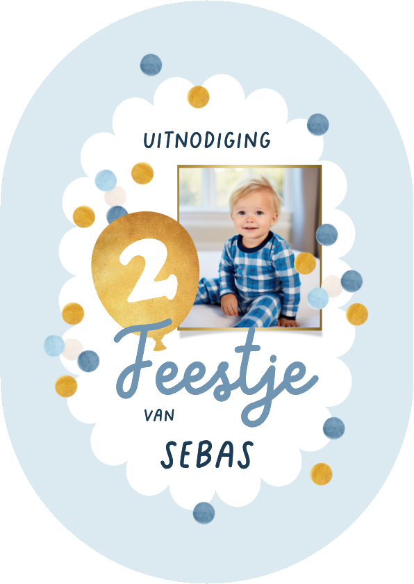 Kinderfeestjes - Kinderfeestje uitnodiging confetti 2 jaar foto goud blauw