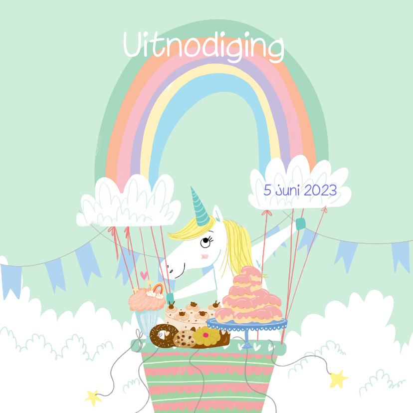 Kinderfeestjes - Kinderfeestje uitnodiging eenhoorn luchtballon