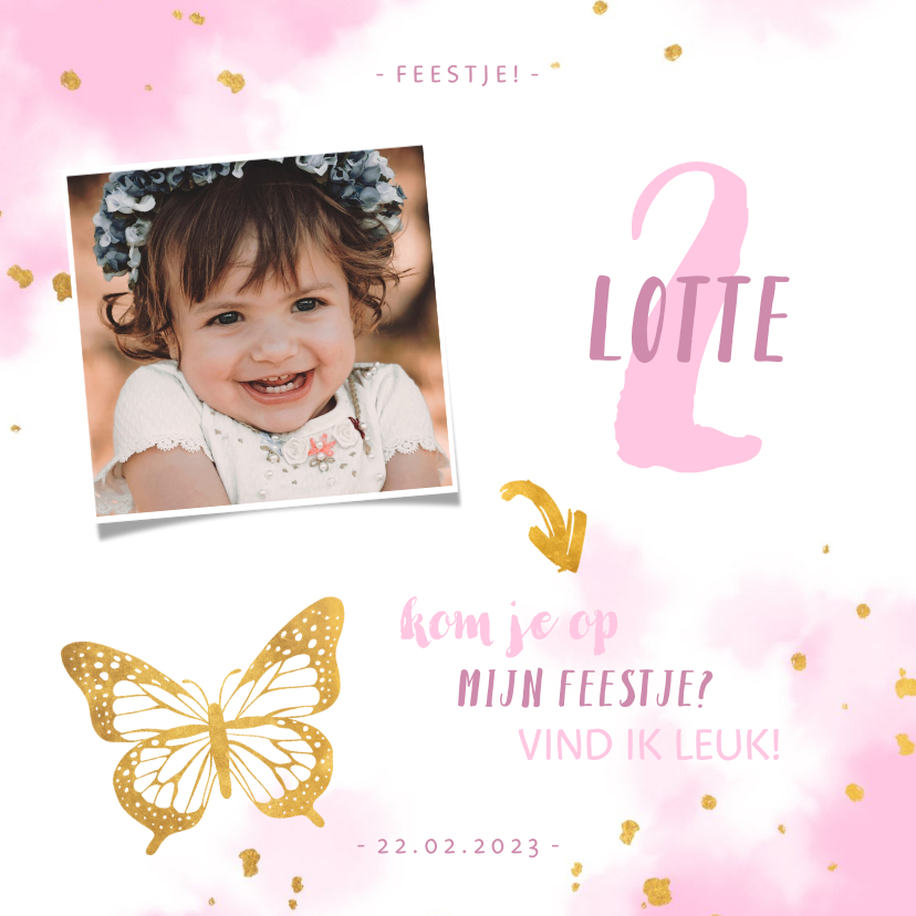 Kinderfeestje uitnodiging foto met vlinder en spetters - Kinderfeestjes Kinderfeestjes - Kinderfeestje uitnodiging foto met vlinder en spetters