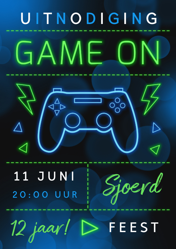 Kinderfeestjes - Kinderfeestje uitnodiging game party neon 