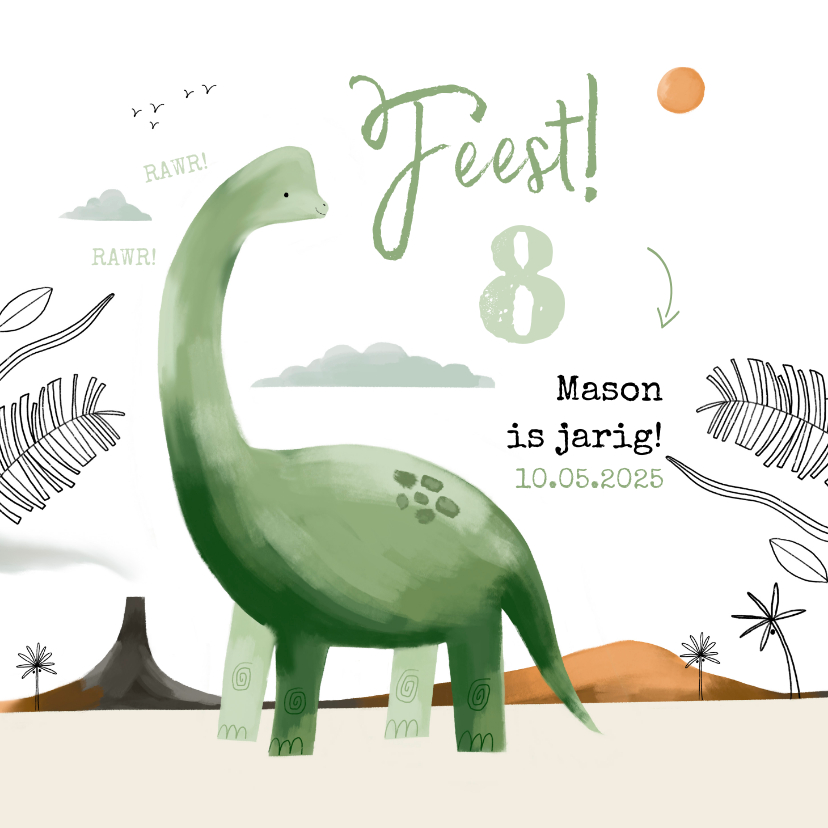 Kinderfeestjes - Kinderfeestje uitnodiging groene Brontosaurus jungle