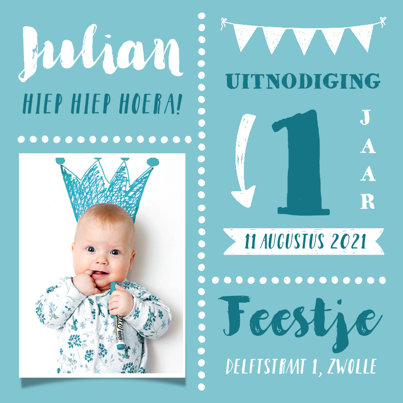 Wonderlijk Kinderfeestje uitnodiging hip jongen 1 jaar met | Kaartje2go MN-42