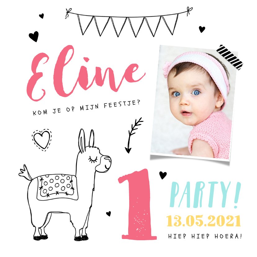 Kinderfeestje uitnodiging hip met alpaca illustratie en foto - Kinderfeestjes Kinderfeestjes - Kinderfeestje uitnodiging hip met alpaca illustratie en foto