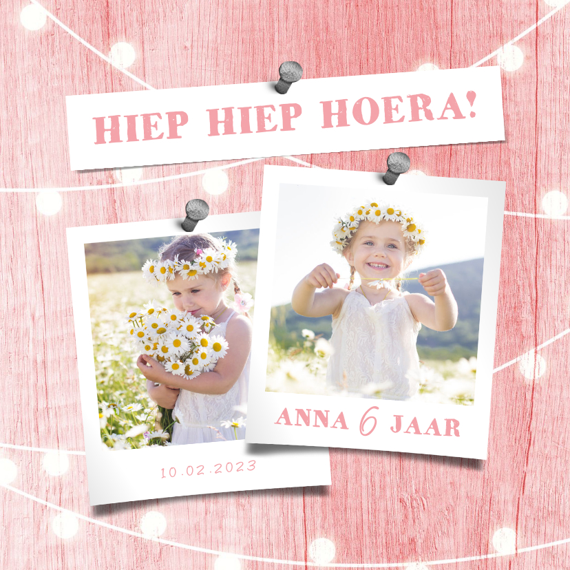 Kinderfeestje uitnodiging houtlook roze lampjes met foto - Kinderfeestjes Kinderfeestjes - Kinderfeestje uitnodiging houtlook roze lampjes met foto