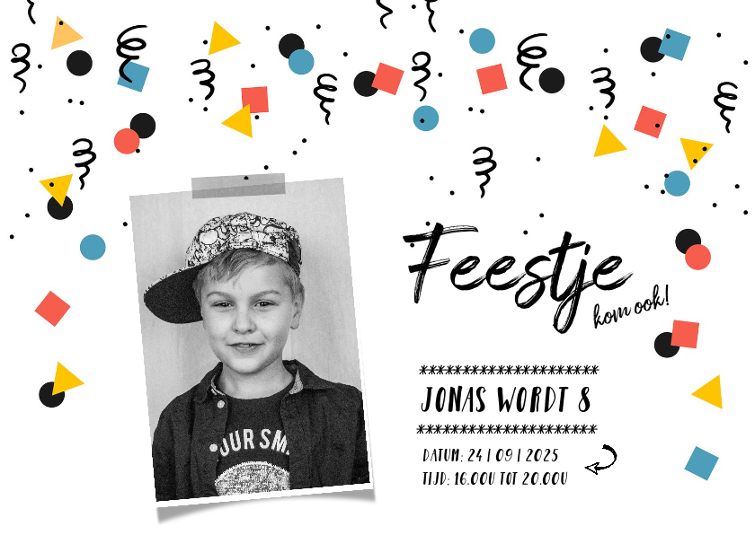 Kinderfeestje uitnodiging jongen confetti zwart-wit - Kinderfeestjes Kinderfeestjes - Kinderfeestje uitnodiging jongen confetti zwart-wit