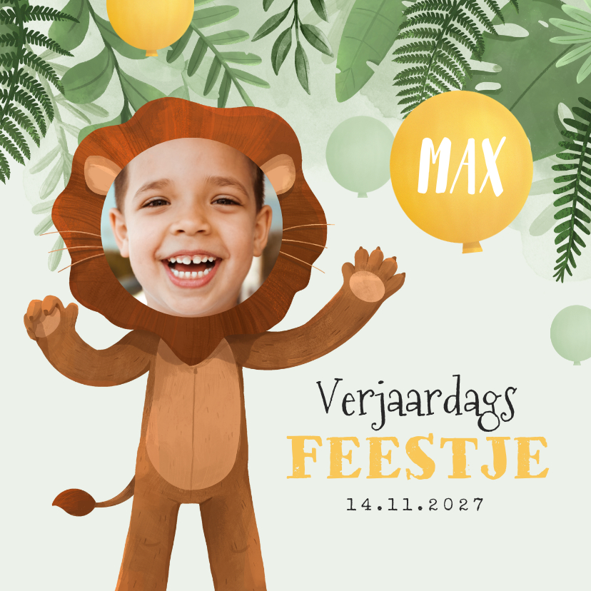 Kinderfeestjes - Kinderfeestje uitnodiging jungle leeuw ballonnen