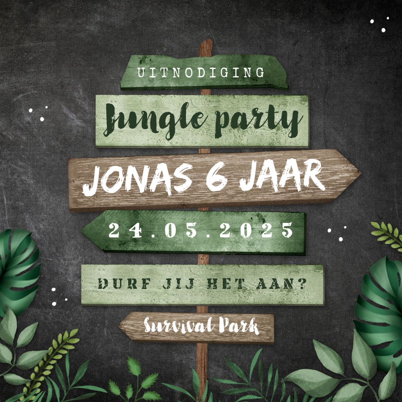 Kinderfeestjes - Kinderfeestje uitnodiging jungle wegwijzers krijt