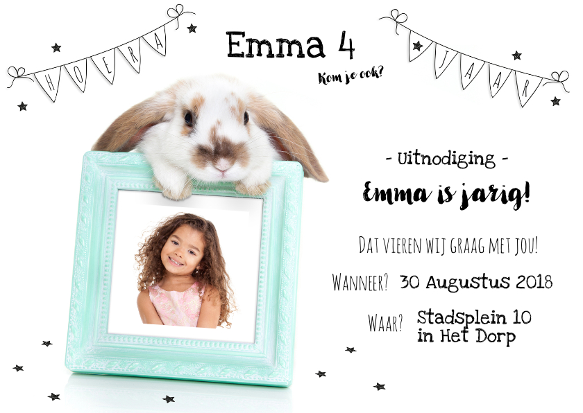 Kinderfeestjes - Kinderfeestje - Uitnodiging konijn fotolijstje