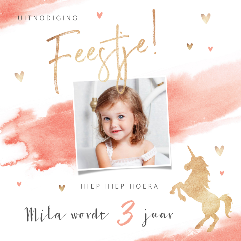 Kinderfeestje uitnodiging lief roze met hartjes en eenhoorn - Kinderfeestjes Kinderfeestjes - Kinderfeestje uitnodiging lief roze met hartjes en eenhoorn