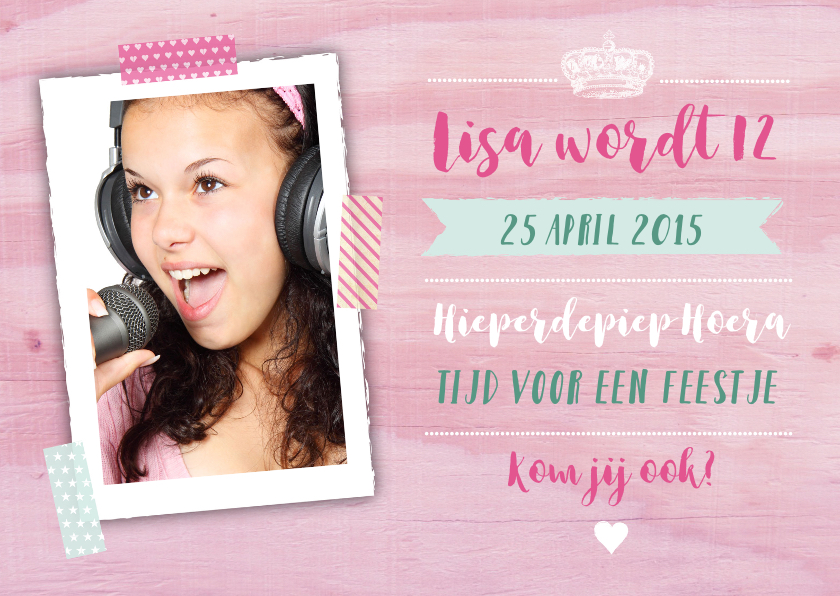 Kinderfeestje uitnodiging meisje houtlook roze foto - Kinderfeestjes Kinderfeestjes - Kinderfeestje uitnodiging meisje houtlook roze foto