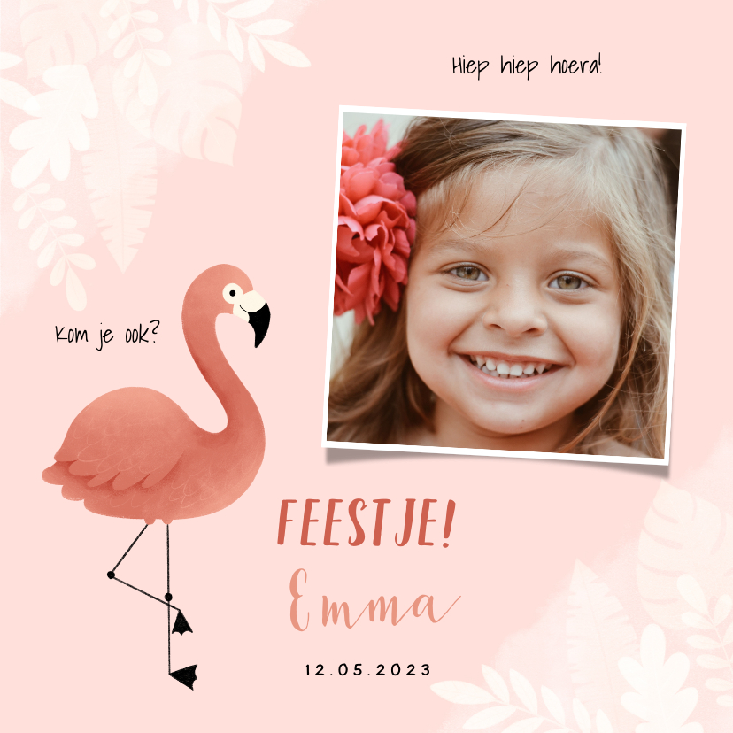 Kinderfeestjes - Kinderfeestje uitnodiging meisje met flamingo, jungle & foto