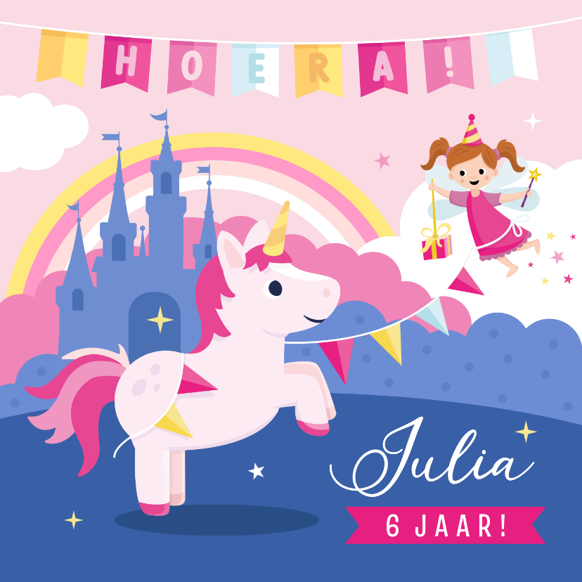 Kinderfeestje uitnodiging meisje met lieve eenhoorn en fee - Kinderfeestjes Kinderfeestjes - Kinderfeestje uitnodiging meisje met lieve eenhoorn en fee