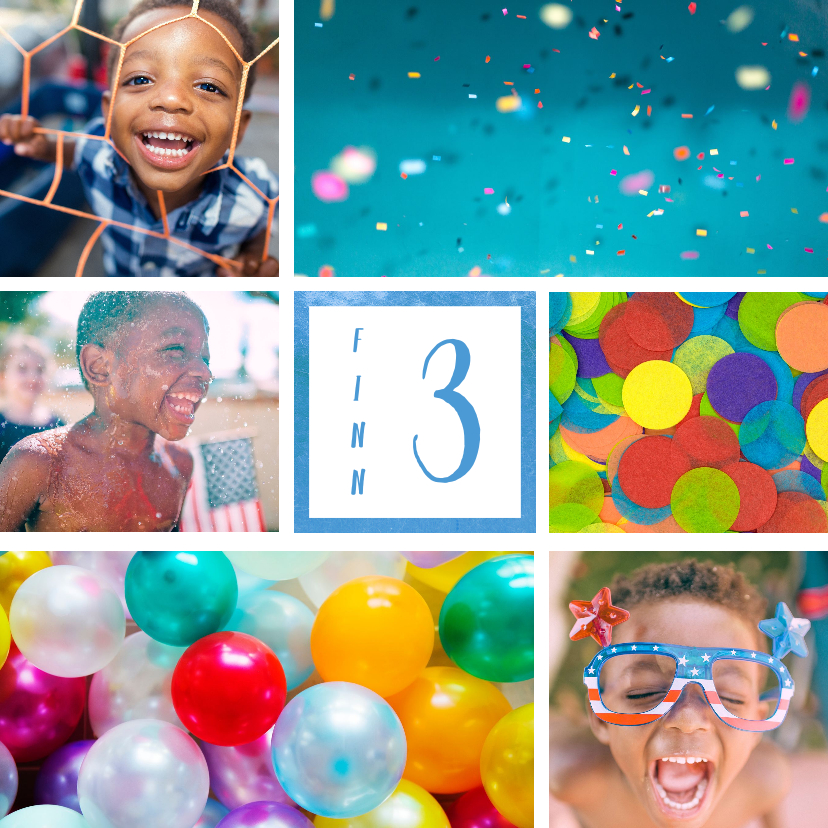 Kinderfeestje uitnodiging met 6 foto's blauw - Kinderfeestjes Kinderfeestjes - Kinderfeestje uitnodiging met 6 foto's blauw
