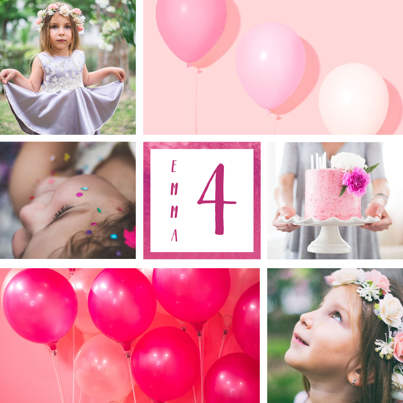 Kinderfeestjes - Kinderfeestje uitnodiging met 6 foto's roze