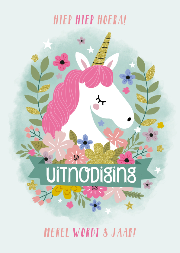 Kinderfeestje uitnodiging met eenhoorn en bloemen - Kinderfeestjes Kinderfeestjes - Kinderfeestje uitnodiging met eenhoorn en bloemen
