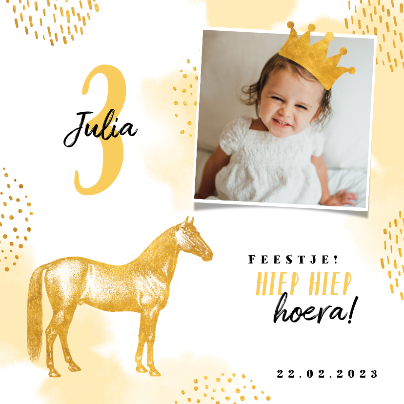 Kinderfeestje uitnodiging met foto, paard en kroontje - Kinderfeestjes Kinderfeestjes - Kinderfeestje uitnodiging met foto, paard en kroontje
