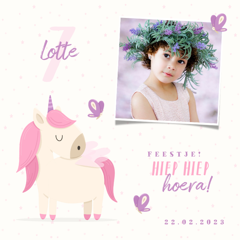 Kinderfeestje uitnodiging met foto, unicorn en vlinders - Kinderfeestjes Kinderfeestjes - Kinderfeestje uitnodiging met foto, unicorn en vlinders