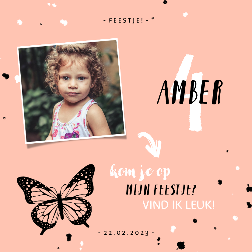 Kinderfeestje uitnodiging met vlinder, spetters en foto - Kinderfeestjes Kinderfeestjes - Kinderfeestje uitnodiging met vlinder, spetters en foto