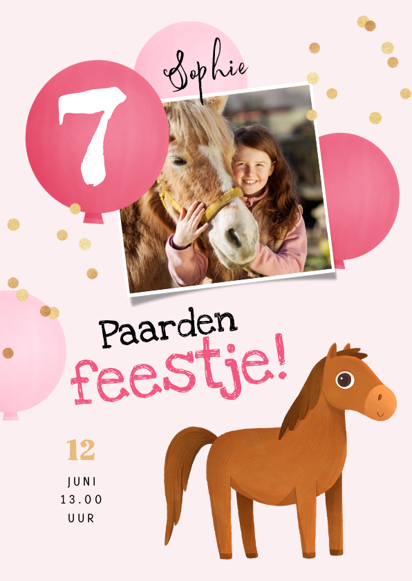 Kinderfeestjes - Kinderfeestje uitnodiging paarden ballonnen confetti foto