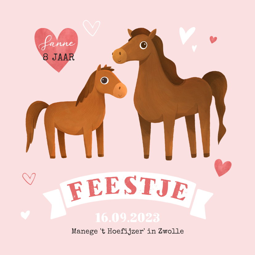 Kinderfeestjes - Kinderfeestje uitnodiging paarden paardrijden dieren hartjes