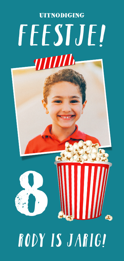 Kinderfeestjes - Kinderfeestje uitnodiging popcorn met eigen foto