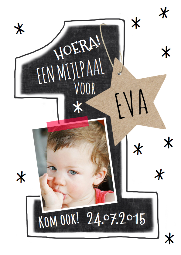Kinderfeestje uitnodiging sterren 1 jaar wit - Kinderfeestjes Kinderfeestjes - Kinderfeestje uitnodiging sterren 1 jaar wit