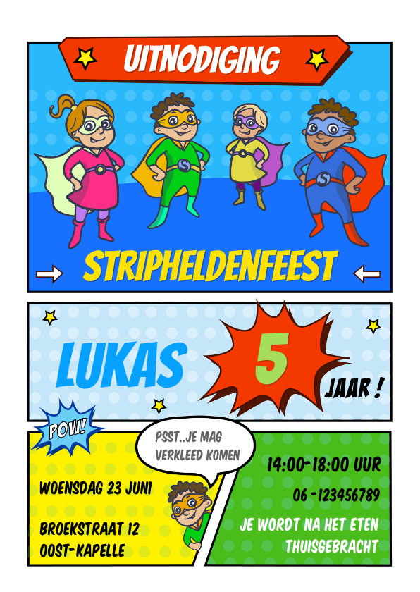 Kinderfeestjes - Kinderfeestje uitnodiging stripheldenfeest