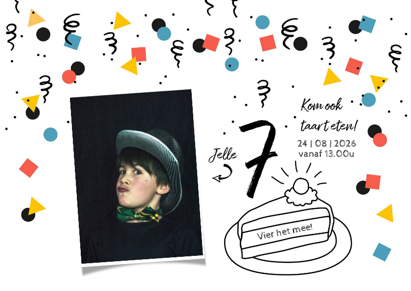 Kinderfeestje uitnodiging taart confetti jongen - Kinderfeestjes Kinderfeestjes - Kinderfeestje uitnodiging taart confetti jongen