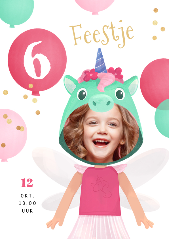 Kinderfeestjes - Kinderfeestje uitnodiging unicorn eenhoon ballonnen confetti