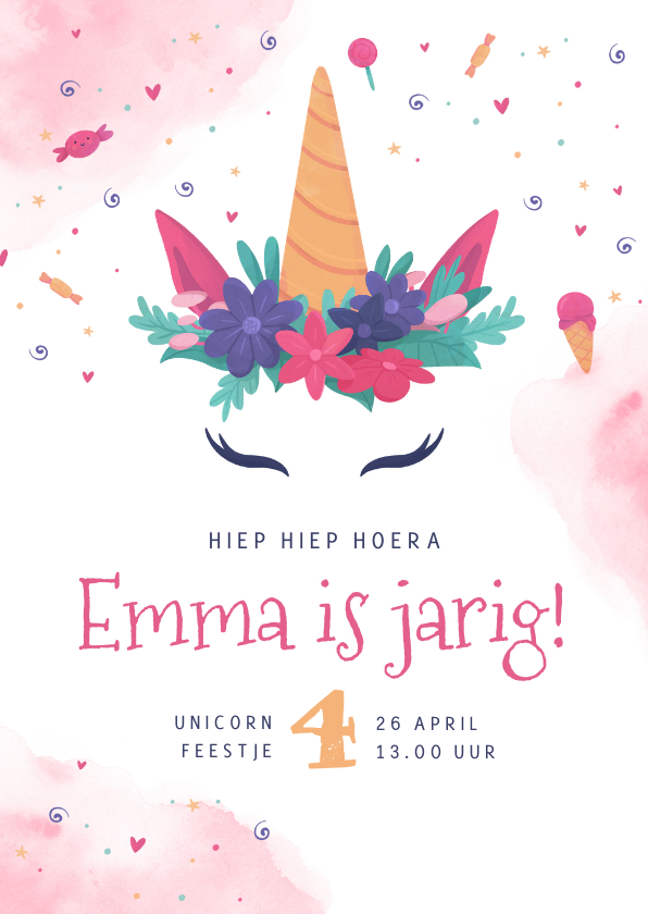 Kinderfeestjes - Kinderfeestje uitnodiging unicorn eenhoorn waterverf snoep