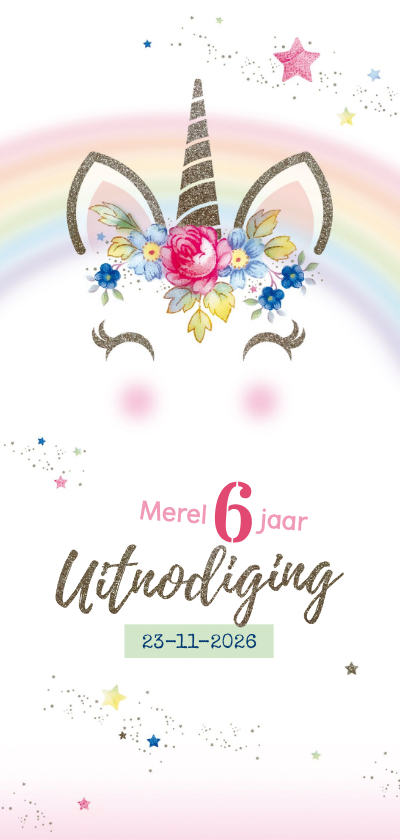 Kinderfeestje uitnodiging unicorn met bloemen en sterren - Kinderfeestjes Kinderfeestjes - Kinderfeestje uitnodiging unicorn met bloemen en sterren