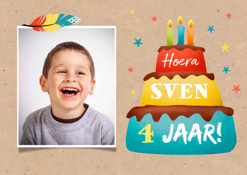 Kinderfeestje uitnodiging vrolijk met taart en veertjes - Kinderfeestjes Kinderfeestjes - Kinderfeestje uitnodiging vrolijk met taart en veertjes
